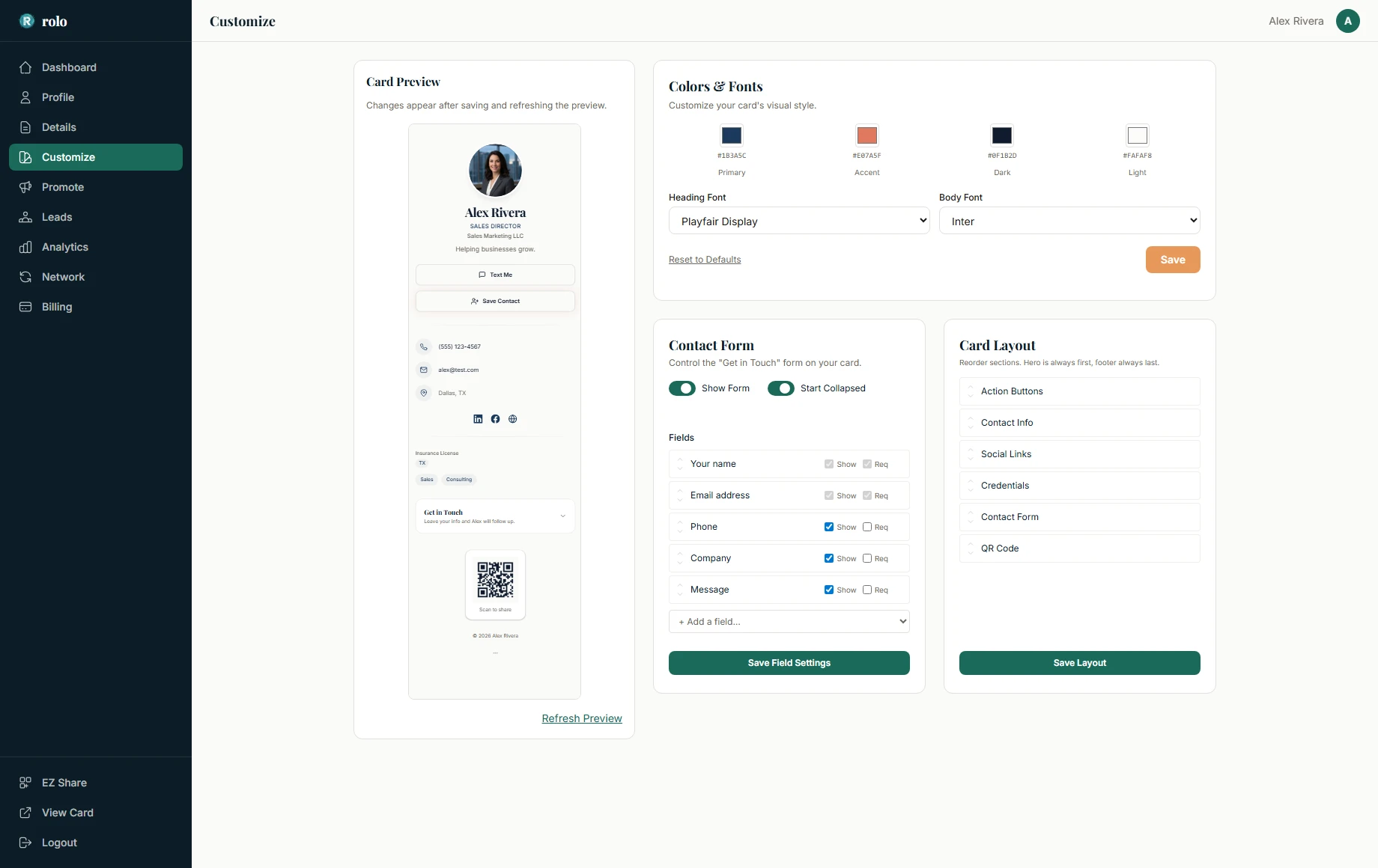 Customize your card — pick colors, fonts, and reorder sections with a live preview