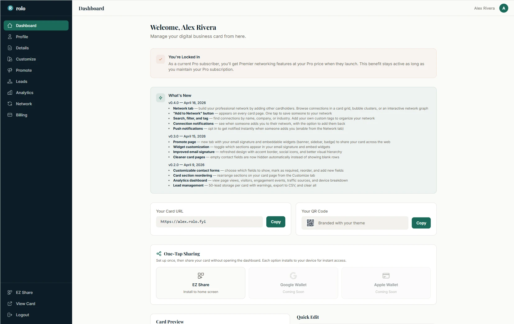 rolo.network dashboard — manage your card, track analytics, and organize your network