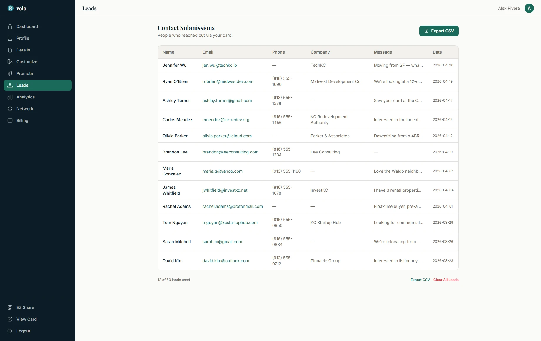 Lead capture dashboard showing contact submissions from your card