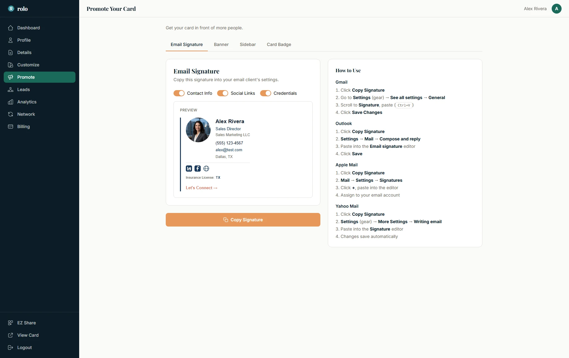 Email signature generator — one-click copy for Gmail and Outlook